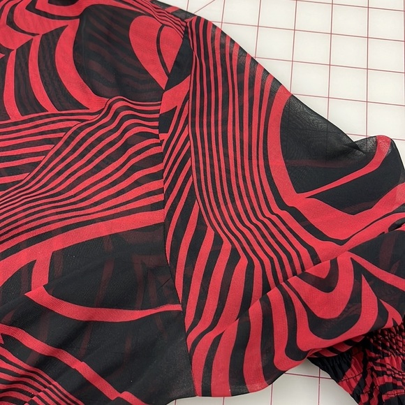 BISOU BISOU Red/Black Swirl Print Smock Waist/Cuff Bell SLV Sheer Party Top XL - Picture 7 of 14